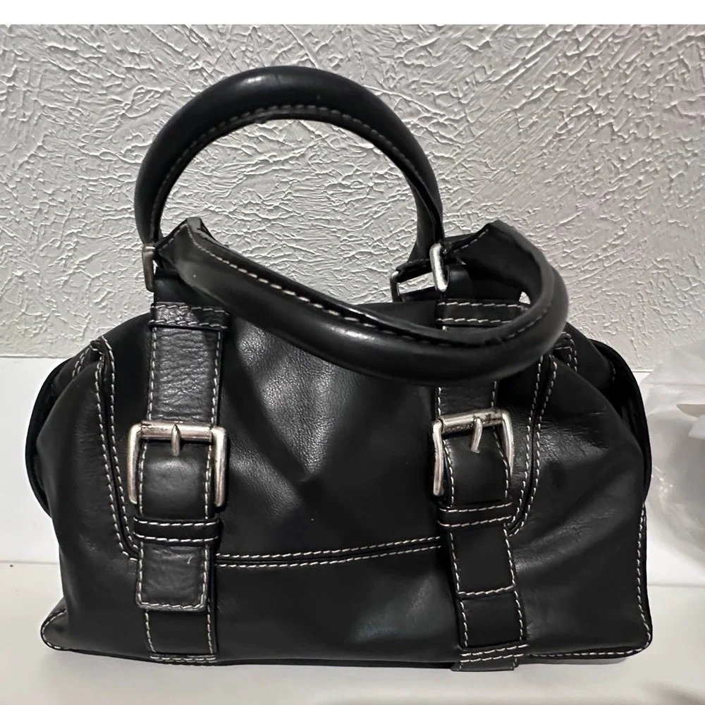 Michael Michael‎ Kors Black Leather Satchel Bag Contrast Stitch Buckle Detail